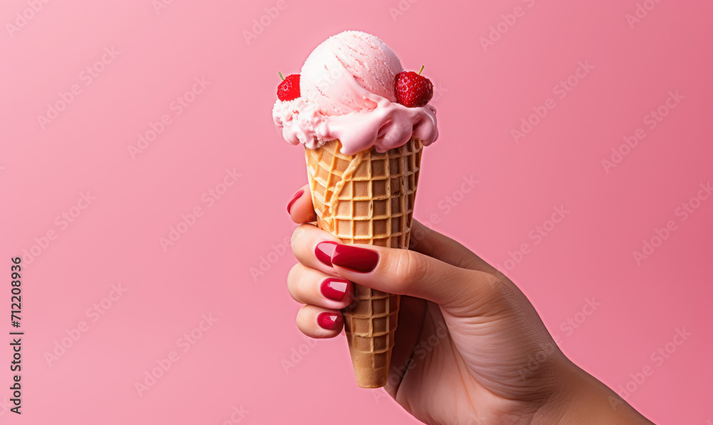 Hand Holding a Waffle Cone with Strawberry Ice Cream Scoop on a Pink Background, Summertime Dessert Concept with Matching Nail Polish Hand Holding a Waffle Cone with Strawberry Ice Cream Scoop on a Pink Background, Summertime Dessert Concept with Matching Nail Polish