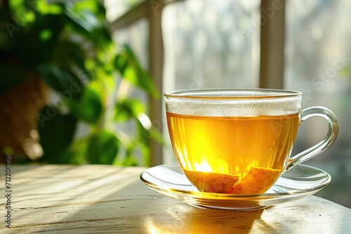 Clear tea cup with green tea ginger and turmeric by sunny window