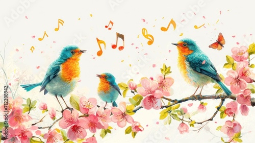 Singing birds, musical notes, and blossoming branches set a harmonious scene © olegganko