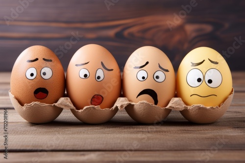 Four eggs with drawn faces expressing emotions