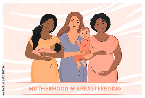 Banner about pregnancy, breastfeeding and motherhood. Group of pregnant women and women with children. World Breastfeeding Week. Vector illustration