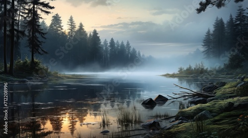 Mystical Sunrise Over Foggy Forested Lake