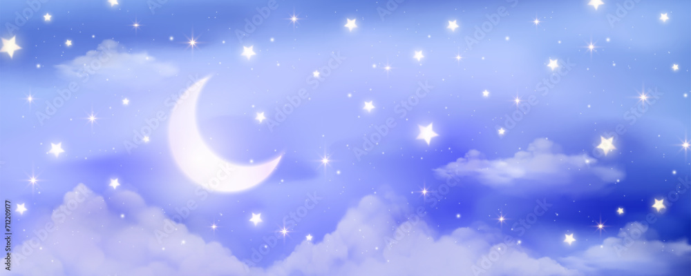 Night sky background. Starry dark gradient space. Crescent moon and clouds dreamy scene. Vector cute landscape panorama. Magic midnight illustration Night sky background. Starry dark gradient space. Crescent moon and clouds dreamy scene. Vector cute landscape panorama. Magic midnight illustration