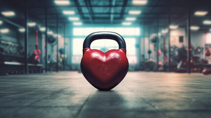 a heart shaped kettlebell on gym background for Valentine's Day, birthday, anniversary, wedding, Healthy fitness flat lay composition, gym workout concept, copy space