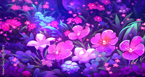 flowers and grass at night with bright purple and blue lights © Michael