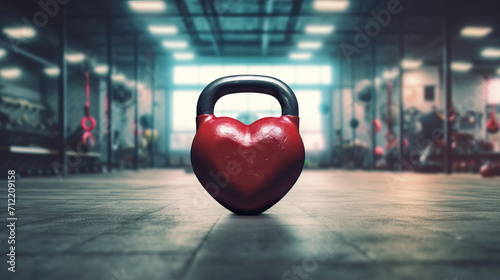 a heart shaped kettlebell on gym background for Valentine's Day, birthday, anniversary, wedding, Healthy fitness flat lay composition, gym workout concept, copy space