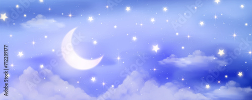 Night sky background. Starry dark gradient space. Crescent moon and clouds dreamy scene. Vector cute landscape panorama. Magic midnight illustration