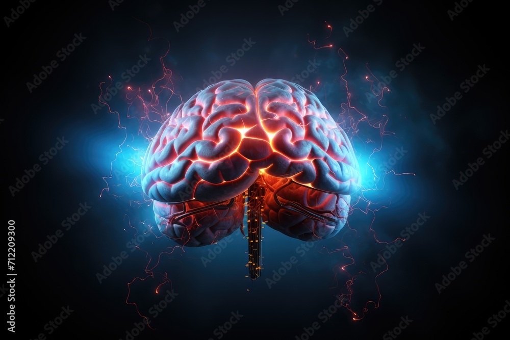 Fototapeta premium Brain disease diagnostics axon, Hounsfield Units (HU), intracranial hemorrhage, brain lesions, tumors, and stroke imaging. Traumatic brain injury assessments, intracranial pressure monitoring skull CT