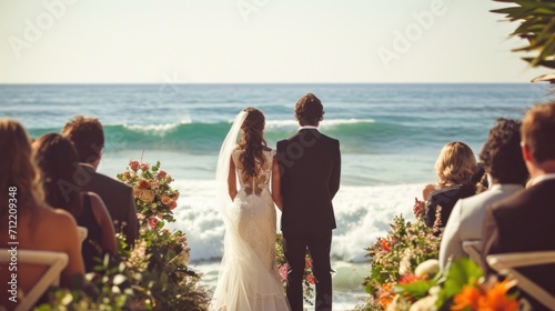Seaside wedding bliss, waves crashing as a picturesque backdrop to an unforgettable ceremony photo