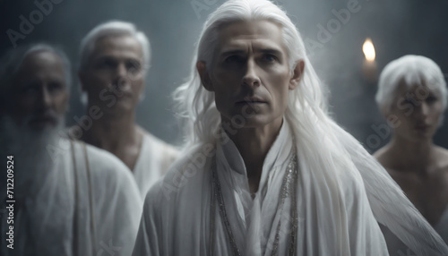 Dramatic portrait of white-robed elders of a medieval religious sect. Generated by AI