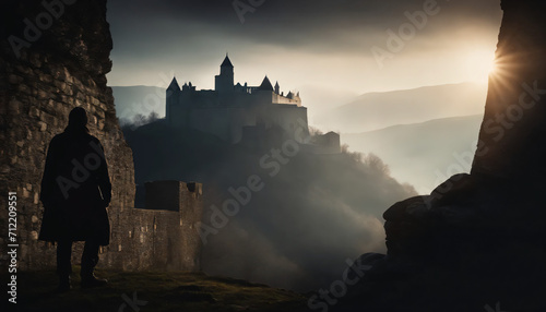 Dramatic and cinematic scene, mysterious silhouette walking in a medieval landscape with a castle in the background, during the sunset. Generated by AI