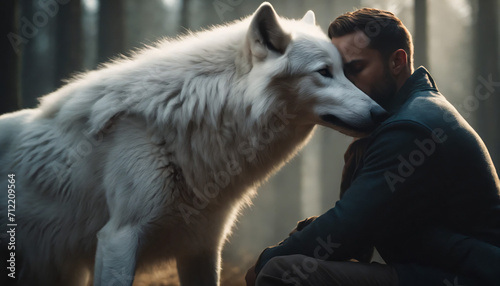 handsome man hugging a wild white wolf in the forest, The image shows friendship, brotherhood, love. Generative AI