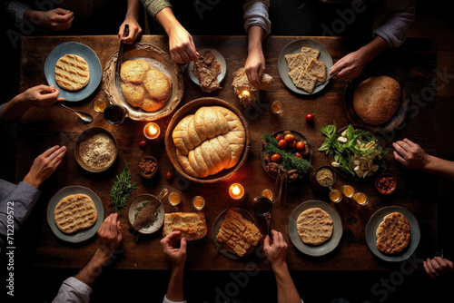 Generative AI image of Passover Seder celebration with traditional foods