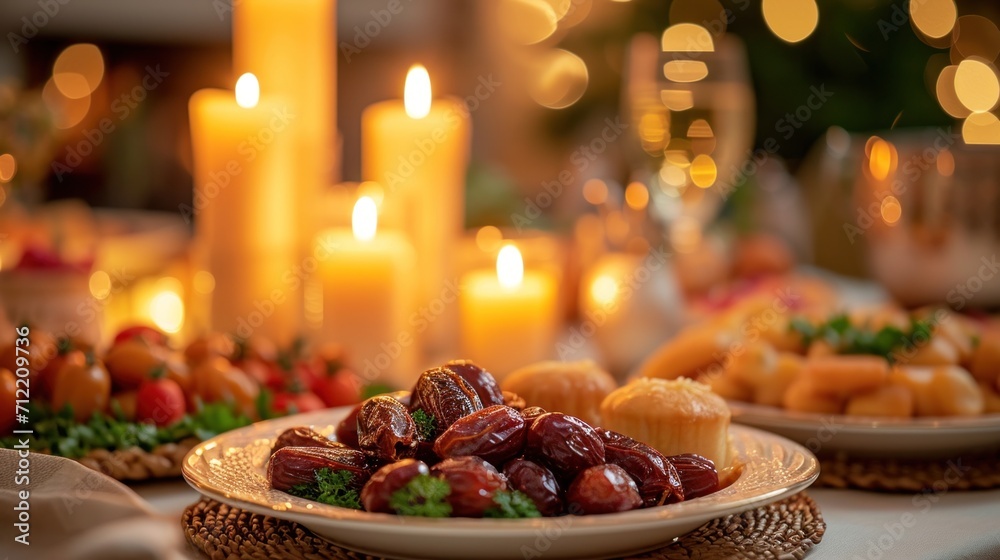 Warm candlelit setting with dates, traditional dishes, and a spirit of togetherness with copy space.
