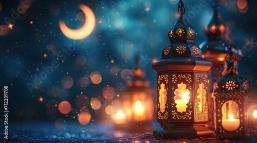 Ramadan ambiance with glowing lanterns, crescent moons, and starry brilliance with copy space