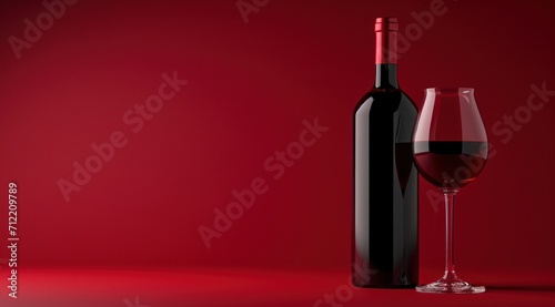 red wine bottle and glass of red wine on a red background
