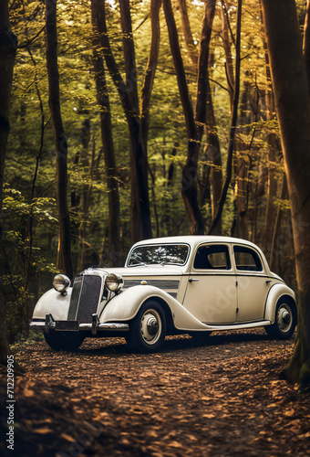 Generative AI illustration of pristine vintage car parked on a forest path, surrounded by the warm light of an autumn day