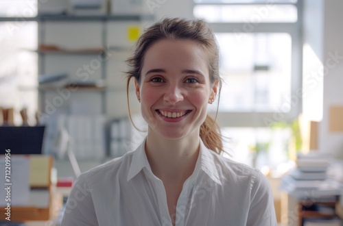woman smiling with office work materials in front of her