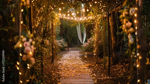 Whimsical woodland wedding with enchanting lights and natural beauty