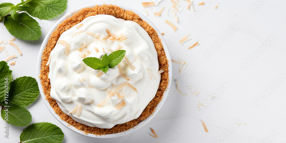 Top view of coconut cream pie garnished with mint leaves on white background with copy space Delicious fresh baked healthy dessert - obrazy, fototapety, plakaty 