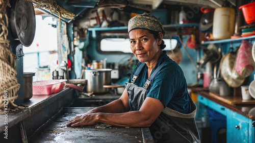 Portrait of empowered female worker aboard fishing vessel. Generative AI image photo