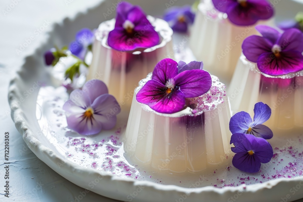 Healthy jelly and bavarian cream dessert with edible violet flowers a unique Japanese treat Healthy jelly and bavarian cream dessert with edible violet flowers a unique Japanese treat