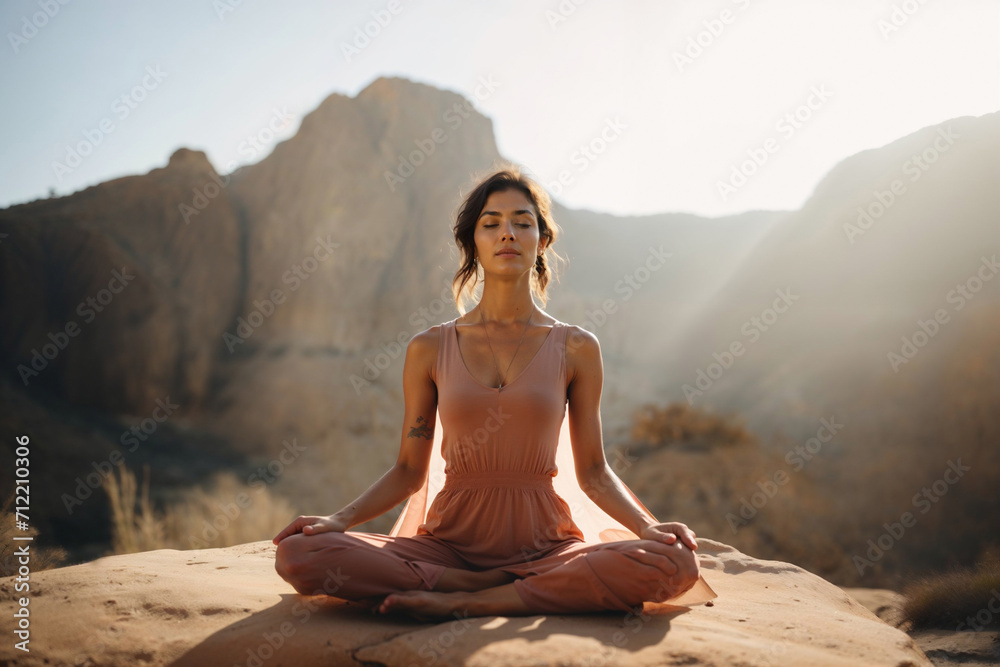 Generative AI image of Woman Meditating in Nature
