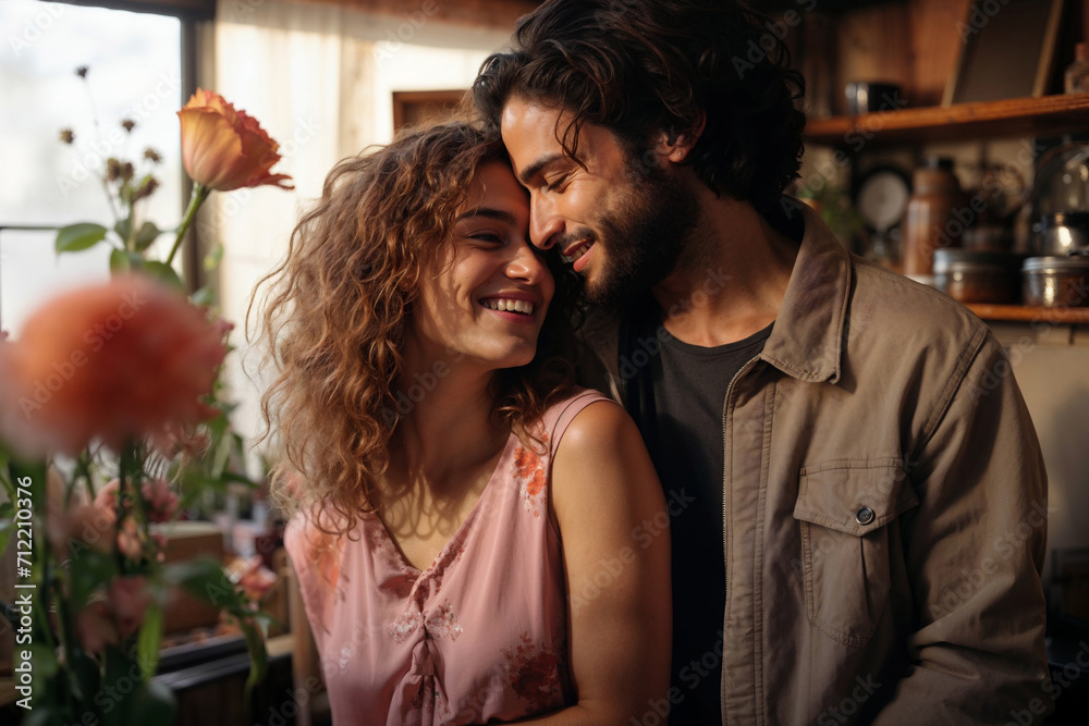 Fototapeta premium Generative AI image of a Caucasian couple sharing a joyous moment in a cozy indoor setting with flowers