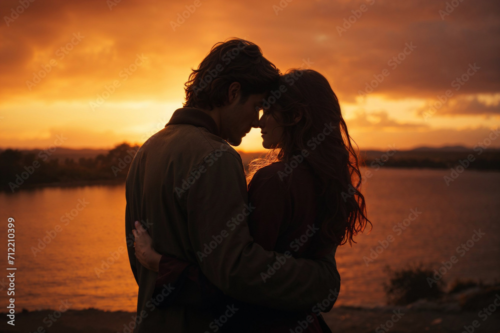 Generative AI image of a Caucasian couple in a silhouetted embrace by the lake under a dramatic sunset