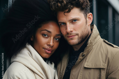 Generative AI image of a multiracial couple embracing each other, with black african american woman with afro hair and the male Caucasian looking at camera © ADDICTIVE STOCK CORE