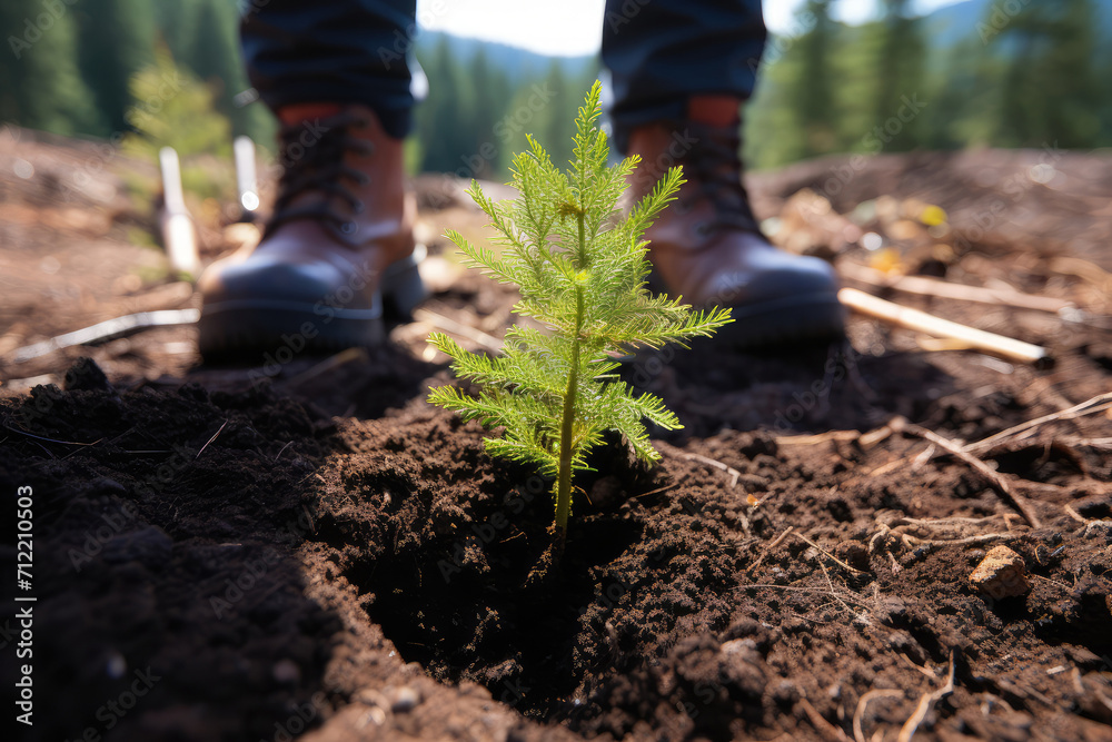 Generative AI image of a young tree with hiking boots