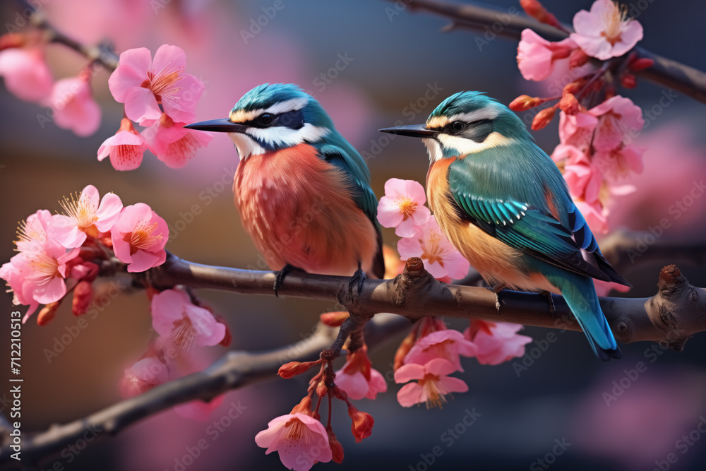 Fototapeta premium Generative AI illustration of A pair of bee-eaters is perched elegantly on a cherry blossom branch