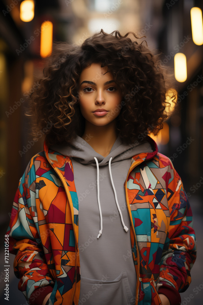 Generative AI image of Young Woman in Colorful Urban Setting