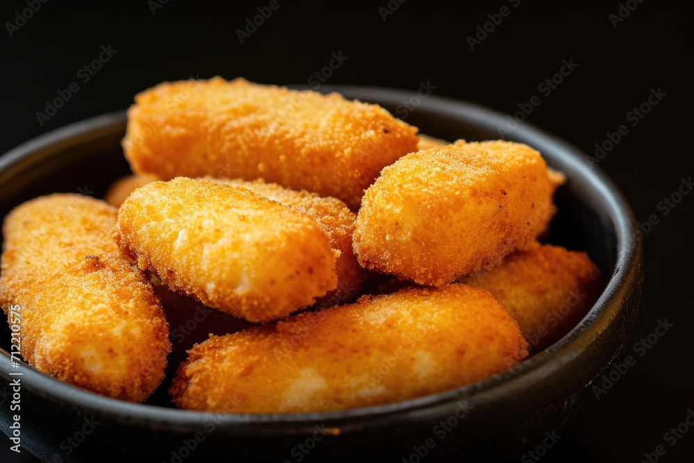 Breaded mozzarella in a black dish Breaded mozzarella in a black dish