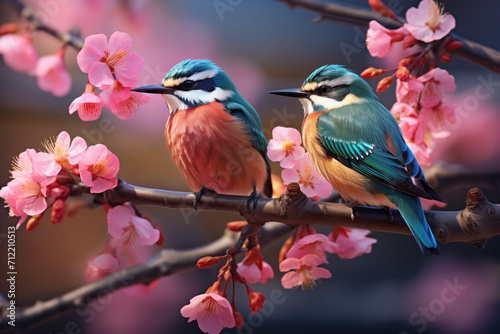 Generative AI illustration of A pair of bee-eaters is perched elegantly on a cherry blossom branch © ADDICTIVE STOCK CORE