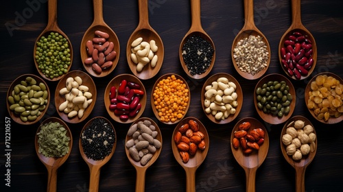 Top view of multicolored legumes in wooden spoons on a black background. Ingredients for vegetarian dishes: various varieties of beans, lentils, peas, chickpeas. Healthy eating concepts.