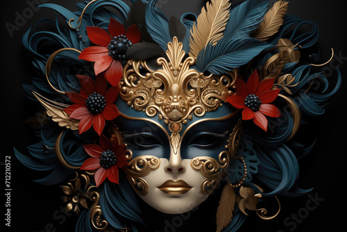 Generative AI illustration of a Venetian masquerade with a close-up of an ornate mask against dark background © ADDICTIVE STOCK CORE