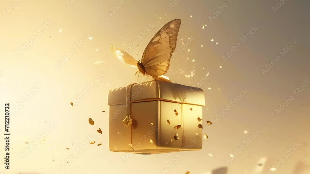 A golden gift box with a flying butterfly glows fabulously. The concept of magical holidays and surprises