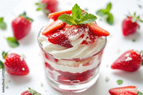 Vertical close up of strawberry dessert with mascarpone and whipped cream on white background
