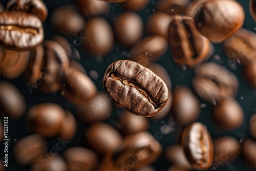 Coffee beans flying on a dark backdrop