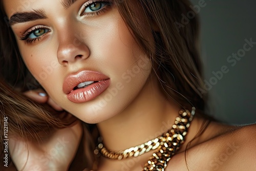 Stunning brunette with a trendy gold chain necklace photo