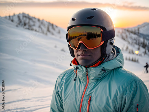 Young African american man in ski equipment and jacket skiing on ice, skiing winter sport and hobbies concept. © Dreams Studio™