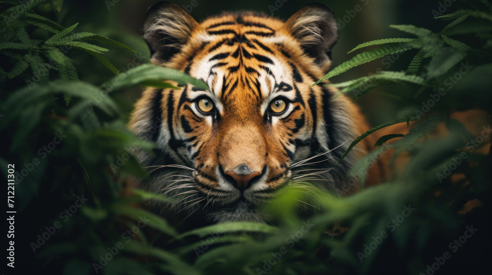 The piercing gaze of a tiger looking intently through a veil of green leaves in its natural jungle habitat.