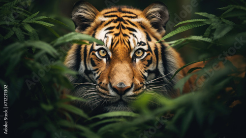 The piercing gaze of a tiger looking intently through a veil of green leaves in its natural jungle habitat. © red_orange_stock