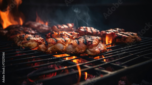 Grilled chicken pieces cooking to perfection on a barbecue grill with visible flames and smoke adding flavor.