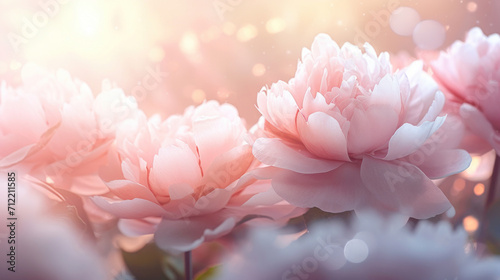 Delicate pink peonies bathed in a soft glowing light, creating a dreamy floral scene.