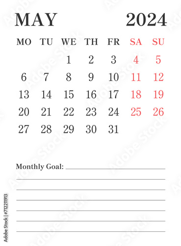 2024 May English calendar with a simple minimalist design in vertical format, good for office desk, business, and personal use