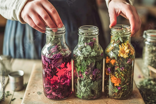 Close-ups of hands preparing and using herbal tinctures. photo