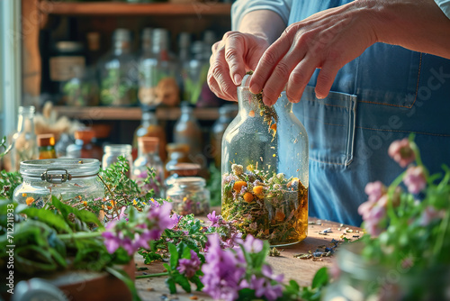 Close-ups of hands preparing and using herbal tinctures.