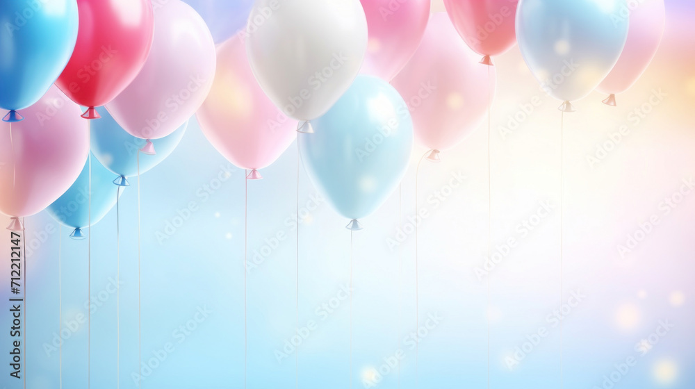 A cheerful array of pink, blue, and white balloons ascending on a light festive background with sparkles.